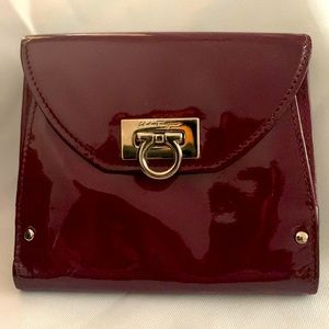Salvatore Ferragamo Burgundy Patent Leather Wallet with silver-tone hardware